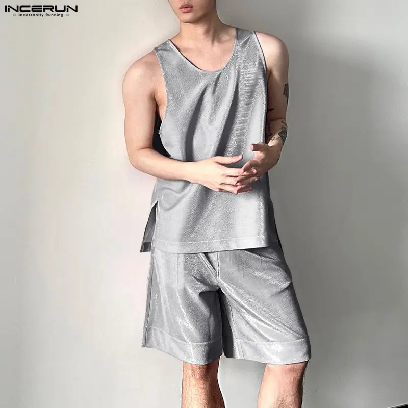 Mens Fashion Summer - INCERUN Men's Sets Shiny Solid O-neck